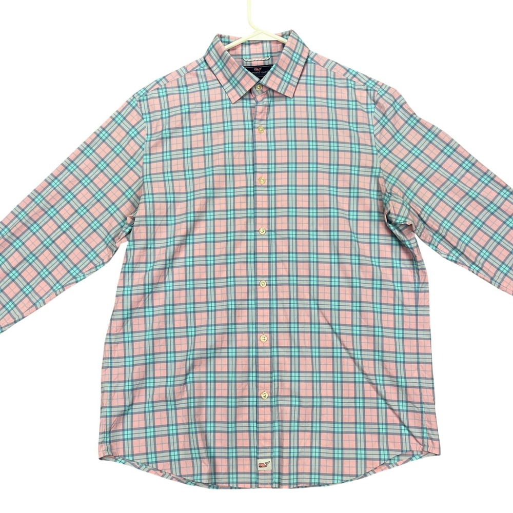 Vineyard Vines Mens L Slim Cooper Performance Button Down Shirt Pink Blue Plaid